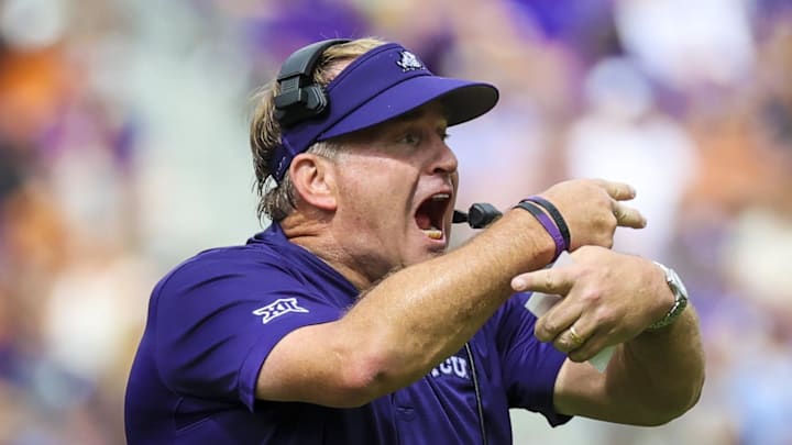Oct 2, 2021; Fort Worth, Texas, USA; TCU Horned Frogs head coach Gary Patterson reacts during the first half against the Texas Longhorns at Amon G. Carter Stadium. Mandatory Credit: Kevin Jairaj-Imagn Images