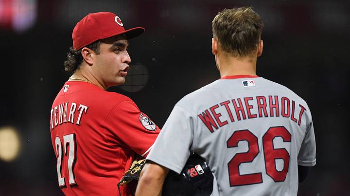 Cincinnati Reds first baseman Sal Stewart (27) and St. Louis Cardinals second baseman JJ Wetherholt