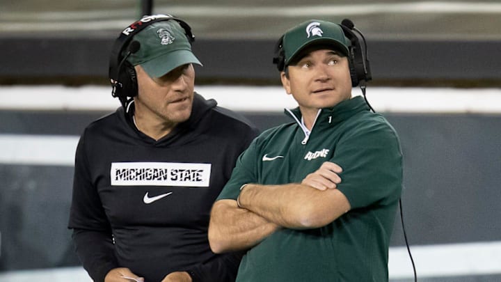 Michigan State Spartans head coach Jonathan Smith looks toward the scoreboard during a timeout as the Ducks host the Spartans Friday, Oct. 4, 2024 at Autzen Stadium in Eugene, Ore.
