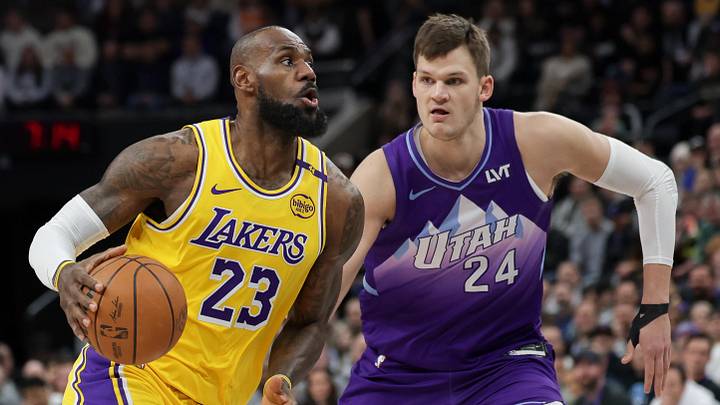 Feb 12, 2025; Salt Lake City, Utah, USA; Los Angeles Lakers forward LeBron James (23) dribbles past Utah Jazz center Walker Kessler (24) during the first quarter at Delta Center. Mandatory Credit: Chris Nicoll-Imagn Images Feb 12, 2025; Salt Lake City, Utah, USA; Los Angeles Lakers forward LeBron James (23) dribbles past Utah Jazz center Walker Kessler (24) during the first quarter at Delta Center. Mandatory Credit: Chris Nicoll-Imagn Images
