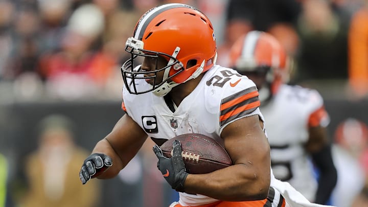 Dec 11, 2022; Cincinnati, Ohio, USA; Cleveland Browns running back Nick Chubb (24) runs with the ball against the Cincinnati Bengals in the first half at Paycor Stadium. Mandatory Credit: Katie Stratman-Imagn Images