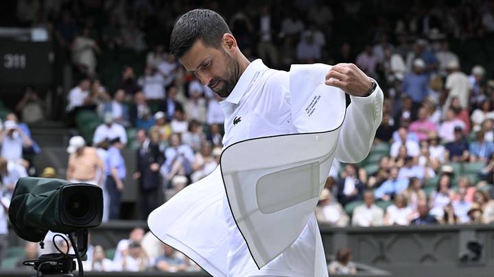 Novak Djokovic wore a custom Lacoste jacket at the 2026 Wimbledon Championships.