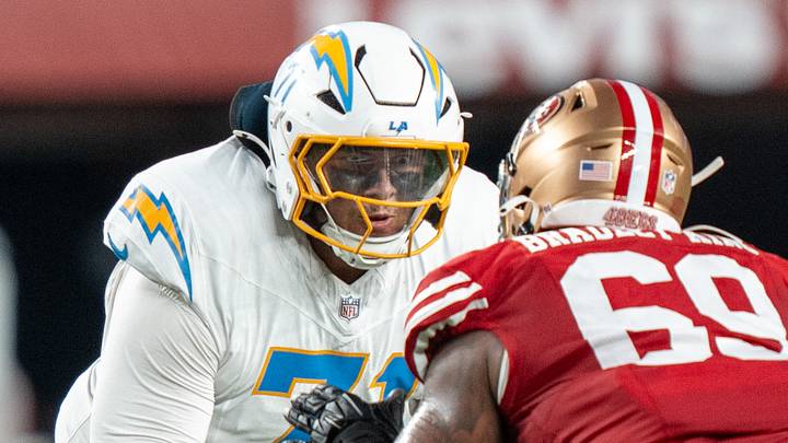 August 23, 2025; Santa Clara, California, USA; Los Angeles Chargers guard Branson Taylor (71) blocks San Francisco 49ers defensive end William Bradley-King (69) during the fourth quarter at Levi's Stadium. Mandatory Credit: Kyle Terada-Imagn Images August 23, 2025; Santa Clara, California, USA; Los Angeles Chargers guard Branson Taylor (71) blocks San Francisco 49ers defensive end William Bradley-King (69) during the fourth quarter at Levi's Stadium. Mandatory Credit: Kyle Terada-Imagn Images