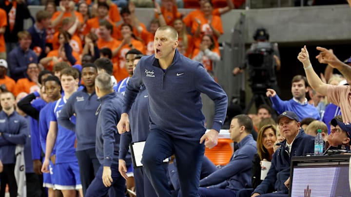 Feb 21, 2026; Auburn, Alabama, USA;  Kentucky Wildcats head coach Mark Pope reacts after his team was called for a foul during the second half against the Auburn Tigers at Neville Arena. Mandatory Credit: John Reed-Imagn Images