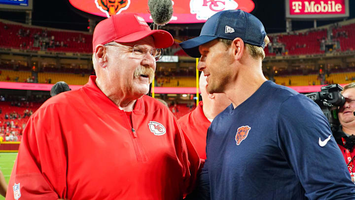 Aug 22, 2025; Kansas City, Missouri, USA; Kansas City Chiefs head coach Andy Reid shakes hands with Chicago Bears head coach Ben Johnson after the game at GEHA Field at Arrowhead Stadium. Mandatory Credit: Denny Medley-Imagn Images Aug 22, 2025; Kansas City, Missouri, USA; Kansas City Chiefs head coach Andy Reid shakes hands with Chicago Bears head coach Ben Johnson after the game at GEHA Field at Arrowhead Stadium. Mandatory Credit: Denny Medley-Imagn Images