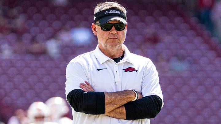Arkansas Razorbacks offensive coordinator Tim Cramsey views his unit prior to the Tennessee game.