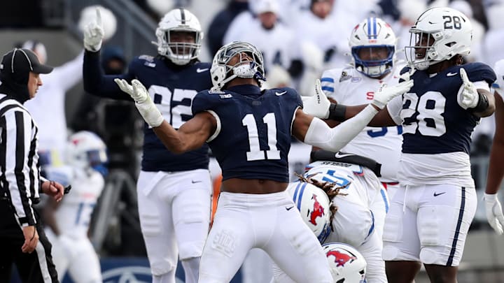 Penn State Nittany Lions defensive end Abdul Carter celebrates after a sack.