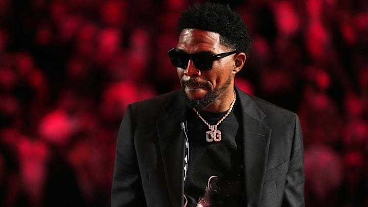 Jan 19, 2024; Miami, Florida, USA; Former Miami Heat player Udonis Haslem walks onto the court prior to his jersey retirement ceremony during halftime of the game between the Miami Heat and the Atlanta Hawks Kaseya Center. Mandatory Credit: Jasen Vinlove-Imagn Images