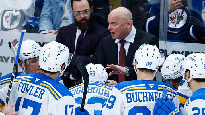 Jan 20, 2026; Winnipeg, Manitoba, CAN; St. Louis Blues coach Jim Montgomery strategizes against the Winnipeg Jets during the third period at Canada Life Centre. Mandatory Credit: Terrence Lee-Imagn Images