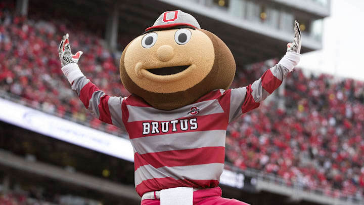 Nov 29, 2014; Columbus, OH, USA; Ohio State Buckeyes mascot Brutus Buckeye celebrates near the end of the game against the Michigan Wolverines at Ohio Stadium. Ohio State won the game 42-28. Mandatory Credit: Greg Bartram-Imagn Images