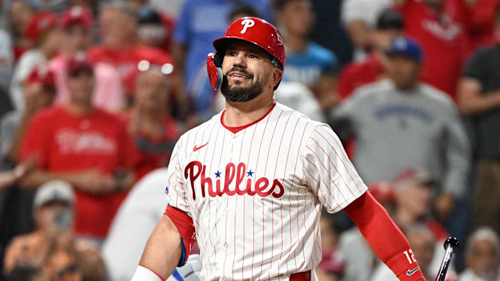 Oct 6, 2025; Philadelphia, Pennsylvania, USA; Philadelphia Phillies designated hitter Kyle Schwarber (12) reacts to striking out against the Los Angeles Dodgers in the eighth inning during game two of the NLDS round for the 2025 MLB playoffs at Citizens Bank Park. Oct 6, 2025; Philadelphia, Pennsylvania, USA; Philadelphia Phillies designated hitter Kyle Schwarber (12) reacts to striking out against the Los Angeles Dodgers in the eighth inning during game two of the NLDS round for the 2025 MLB playoffs at Citizens Bank Park.