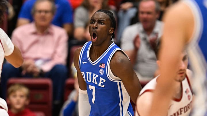 Jan 17, 2026; Stanford, California, USA; Duke Blue Devils guard Dame Sarr (7) celebrates against the Stanford Cardinal in the first half at Maples Pavilion. Mandatory Credit: Eakin Howard-Imagn Images