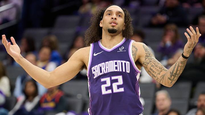 Apr 10, 2026; Sacramento, California, USA; Sacramento Kings guard Devin Carter (22) reacts to a call by a referee during the third quarter against the Golden State Warriors  at Golden 1 Center. Mandatory Credit: Robert Edwards-Imagn Images