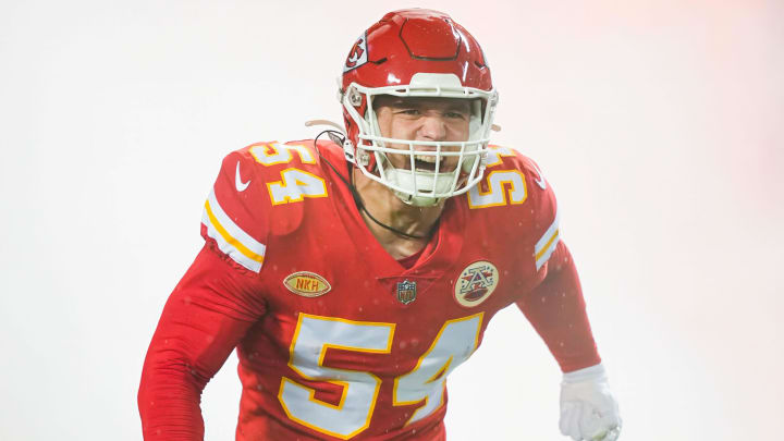 Nov 20, 2023; Kansas City, Missouri, USA; Kansas City Chiefs linebacker Leo Chenal (54) takes the field prior to a game against the Philadelphia Eagles at GEHA Field at Arrowhead Stadium. Mandatory Credit: Jay Biggerstaff-USA TODAY Sports