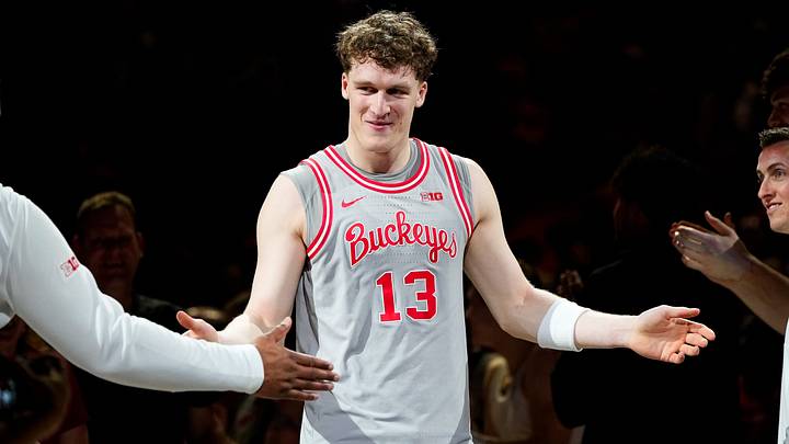Ohio State Buckeyes center Christoph Tilly (13) is recognized on senior night before the NCAA game at Value City Arena on Saturday, March 7, 2026 in Columbus, Ohio. Ohio State Buckeyes center Christoph Tilly (13) is recognized on senior night before the NCAA game at Value City Arena on Saturday, March 7, 2026 in Columbus, Ohio.
