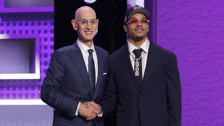 Jun 23, 2026; New York, NY, USA; NBA commissioner Adam Silver greets the seventh pick in the 2026 NBA draft, Arkansas guard Darius Acuff Jr. after he was selected by the Sacramento Kings at Barclays Center. Mandatory Credit: Brad Penner-Imagn Images