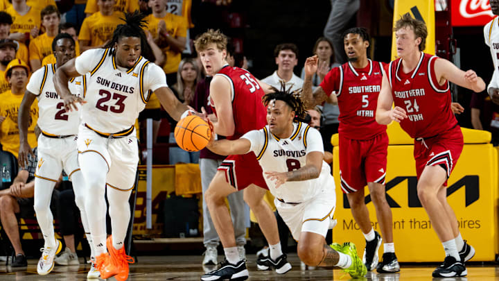 Arizona State Sun Devils Marcus Adams Jr. (8) looses possession of the ball during a game against the Southern Utah Thunderbirds at Desert Financial Arena in Tempe, on Nov. 4, 2025.