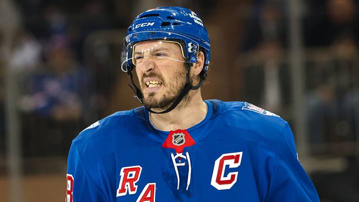 Apr 5, 2026; New York, New York, USA; New York Rangers center J.T. Miller (8) skates against the Washington Capitals during the second period at Madison Square Garden. Mandatory Credit: Danny Wild-Imagn Images