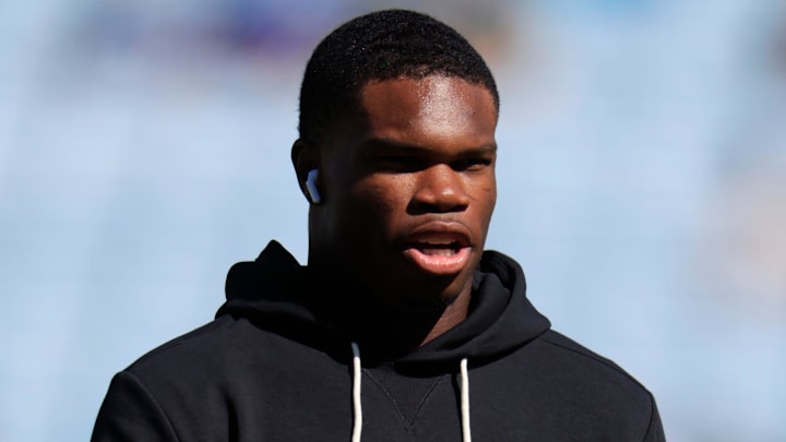 Jacksonville Jaguars wide receiver Travis Hunter (12) walks on the field before an NFL football matchup, Sunday, Oct. 12, 2025, at EverBank Stadium in Jacksonville, Fla. The Seahawks defeated the Jaguars 20-12.