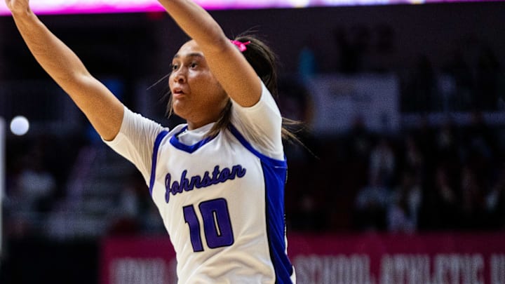 Johnston's Jenica Lewis (10) shoots a three during the Class 5A final against Dowling Catholic on Friday, March 7, 2025, at Wells Fargo Arena.