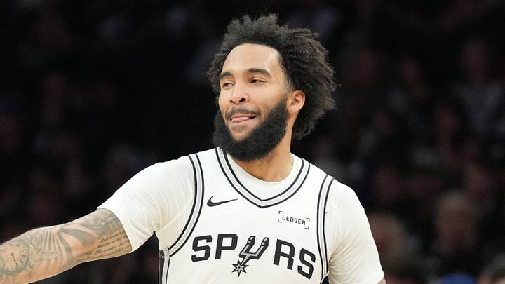 May 15, 2026; Minneapolis, Minnesota, USA; San Antonio Spurs forward Julian Champagnie (30) celebrates with guard Stephon Castle (5) in the second half against the Minnesota Timberwolves during game six of the second round of the 2026 NBA Playoffs at Target Center. Mandatory Credit: Jesse Johnson-Imagn Images