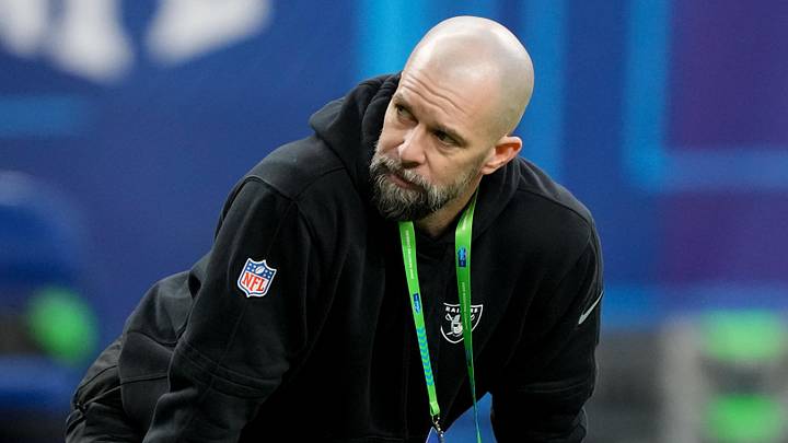 Feb 28, 2026; Indianapolis, IN, USA; Las Vegas Raiders wide receivers coach Zach Azzanni looks on during the NFL Scouting Combine at Lucas Oil Stadium. Mandatory Credit: Kirby Lee-Imagn Images
