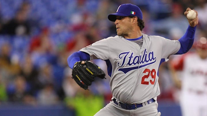Italy starting pitcher Dan Serafini (29) delivers a pitch against Canada during first round pool play at the 2009 World Baseball Classic at the Rogers Centre in Toronto.