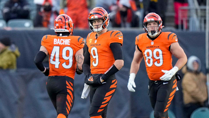 Cincinnati Bengals quarterback Joe Burrow (9) walks to the sideline after a turnover is run back for a touchdown in the fourth quarter of the NFL Week 13 game between the Cincinnati Bengals and the Pittsburgh Steelers at Paycor Stadium in downtown Cincinnati on Sunday, Dec. 1, 2024. The Steelers won 44-38. Cincinnati Bengals quarterback Joe Burrow (9) walks to the sideline after a turnover is run back for a touchdown in the fourth quarter of the NFL Week 13 game between the Cincinnati Bengals and the Pittsburgh Steelers at Paycor Stadium in downtown Cincinnati on Sunday, Dec. 1, 2024. The Steelers won 44-38.