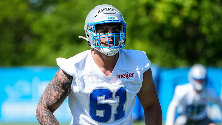 Detroit Lions defensive lineman Ahmed Hassanein (61) practices during rookie mini camp at Meijer Performance Center in Allen Park on Friday, May 9, 2025.