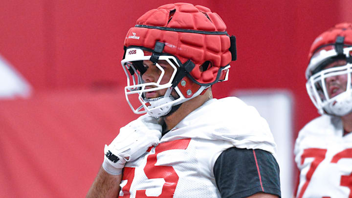 Arkansas Razorbacks offensive lineman Fernando Carmona during drills at spring practice at the indoor practice facility in Fayetteville, Ark.