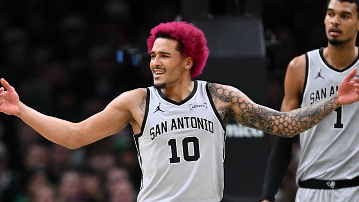 Jan 10, 2026; Boston, Massachusetts, USA; San Antonio Spurs forward Jeremy Sochan (10) reacts after being called for a foul during the first half of a game against the Boston Celtics at the TD Garden. Mandatory Credit: Brian Fluharty-Imagn Images