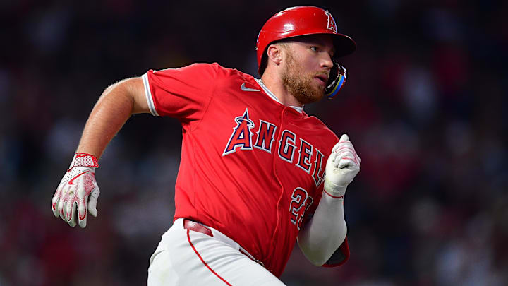 August 16, 2024; Anaheim, California, USA; Los Angeles Angels second base Brandon Drury (23) runs after hitting a double against the Atlanta Braves during the fourth inning at Angel Stadium. Mandatory Credit: Gary A. Vasquez-Imagn Images