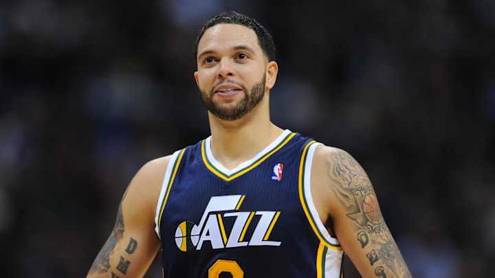 Feb 4, 2011; Denver, CO, USA; Utah Jazz point guard Deron Williams (8) reacts after being called for a personal foul in the third quarter against the Denver Nuggets at the Pepsi Center. The Jazz defeated the Nuggets 113-106. Mandatory Credit: Ron Chenoy-Imagn Images Feb 4, 2011; Denver, CO, USA; Utah Jazz point guard Deron Williams (8) reacts after being called for a personal foul in the third quarter against the Denver Nuggets at the Pepsi Center. The Jazz defeated the Nuggets 113-106. Mandatory Credit: Ron Chenoy-Imagn Images