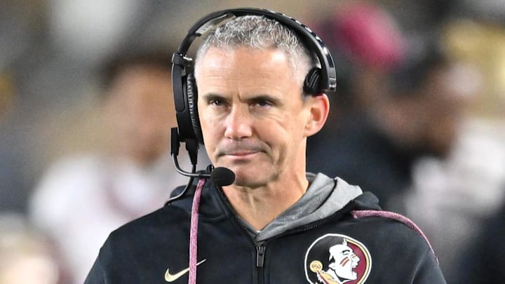 Nov 9, 2024; South Bend, Indiana, USA; Florida State Seminoles head coach Mike Norvell watches in the third quarter against the Notre Dame Fighting Irish at Notre Dame Stadium. Mandatory Credit: Matt Cashore-Imagn Images Nov 9, 2024; South Bend, Indiana, USA; Florida State Seminoles head coach Mike Norvell watches in the third quarter against the Notre Dame Fighting Irish at Notre Dame Stadium. Mandatory Credit: Matt Cashore-Imagn Images