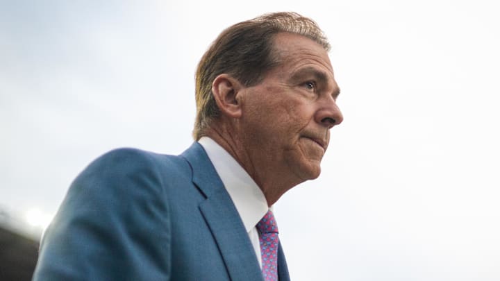 Former Alabama head coach Nick Saban walks onto the field before the Crimson Tide's game against Georgia. Former Alabama head coach Nick Saban walks onto the field before the Crimson Tide's game against Georgia.
