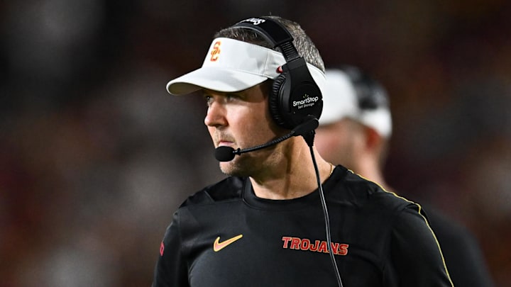 Sep 7, 2024; Los Angeles, California, USA; USC Trojans head coach Lincoln Riley reacts against the Utah State Aggies during the second quarter at United Airlines Field at Los Angeles Memorial Coliseum. Mandatory Credit: Jonathan Hui-Imagn Images