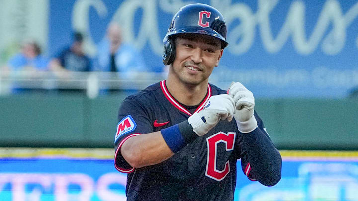 Jul 26, 2025; Kansas City, Missouri, USA; Cleveland Guardians left fielder Steven Kwan (38) celebrates while running the bases after hitting a two run home run against the Kansas City Royals in the fourth inning at Kauffman Stadium