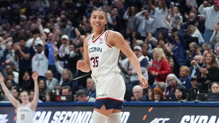 Mar 23, 2026; Storrs, CT, USA; UConn Huskies guard Azzi Fudd (35) reacts to hitting a three point shot against the Syracuse Orange during the first half of the second round game of the women’s 2026 NCAA Tournament at Harry A. Gampel Pavilion. Mandatory Credit: Gregory Fisher-Imagn Images