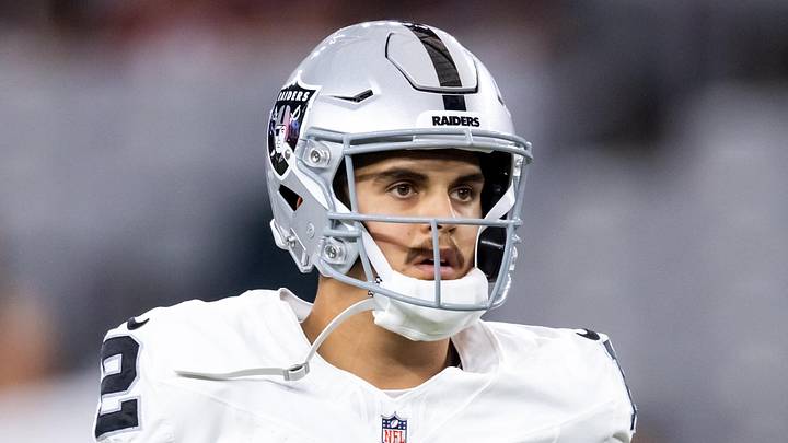 Las Vegas Raiders quarterback Aidan O'Connell against the Arizona Cardinals. Las Vegas Raiders quarterback Aidan O'Connell against the Arizona Cardinals.