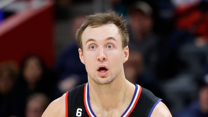 Detroit, Michigan, USA; LA Clippers guard Luke Kennard (5) reacts during overtime against the Detroit Pistons at Little Caesars Arena on Dec 26, 2022. Detroit, Michigan, USA; LA Clippers guard Luke Kennard (5) reacts during overtime against the Detroit Pistons at Little Caesars Arena on Dec 26, 2022.
