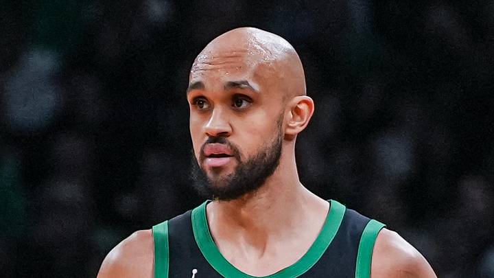 Apr 28, 2026; Boston, Massachusetts, USA; Boston Celtics head coach Joe Mazzulla talks with guard Derrick White (9) from the sideline as they take on the Philadelphia 76ers during game five of the first round of the 2026 NBA Playoffs at TD Garden. Mandatory Credit: David Butler II-Imagn Images