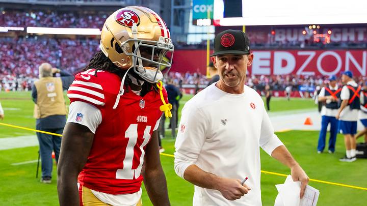 Dec 17, 2023; Glendale, Arizona, USA; San Francisco 49ers head coach Kyle Shanahan talks to wide receiver Brandon Aiyuk (11) against the Arizona Cardinals at State Farm Stadium. Mandatory Credit: Mark J. Rebilas-USA TODAY Sports Dec 17, 2023; Glendale, Arizona, USA; San Francisco 49ers head coach Kyle Shanahan talks to wide receiver Brandon Aiyuk (11) against the Arizona Cardinals at State Farm Stadium. Mandatory Credit: Mark J. Rebilas-USA TODAY Sports