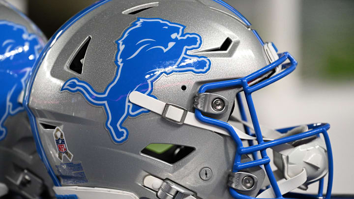 A Detroit Lions helmet on the sidelines against the Philadelphia Eagles at Lincoln Financial Field