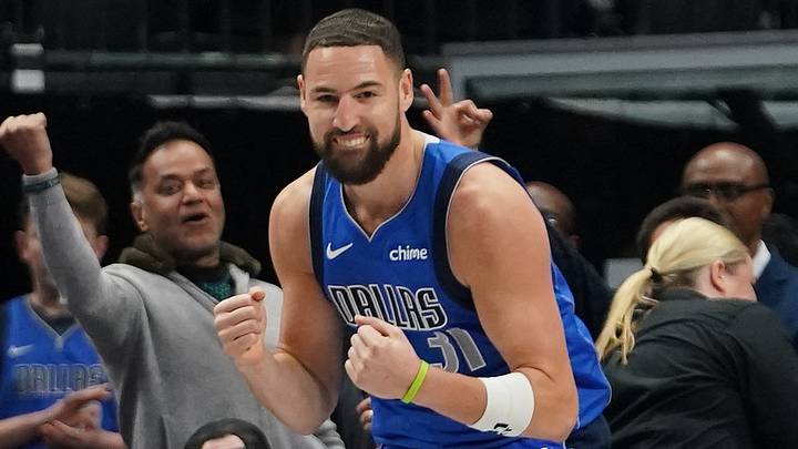 Jan 15, 2026; Dallas, Texas, USA; Dallas Mavericks guard Klay Thompson (31) reacts after hitting a three point basket to move to fourth on the all time NBA three point baskets made list during the first half against the Utah Jazz at American Airlines Center. Mandatory Credit: Raymond Carlin III-Imagn Images Jan 15, 2026; Dallas, Texas, USA; Dallas Mavericks guard Klay Thompson (31) reacts after hitting a three point basket to move to fourth on the all time NBA three point baskets made list during the first half against the Utah Jazz at American Airlines Center. Mandatory Credit: Raymond Carlin III-Imagn Images