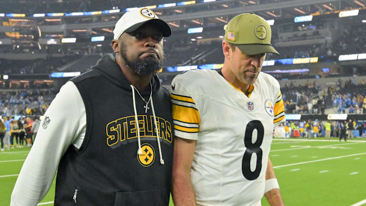 Nov 9, 2025; Inglewood, California, USA; Pittsburgh Steelers head coach Mike Tomlin and quarterback Aaron Rodgers (8) walk off the field after the game against the Los Angeles Chargers at SoFi Stadium. Mandatory Credit: Jayne Kamin-Oncea-Imagn Images Nov 9, 2025; Inglewood, California, USA; Pittsburgh Steelers head coach Mike Tomlin and quarterback Aaron Rodgers (8) walk off the field after the game against the Los Angeles Chargers at SoFi Stadium. Mandatory Credit: Jayne Kamin-Oncea-Imagn Images