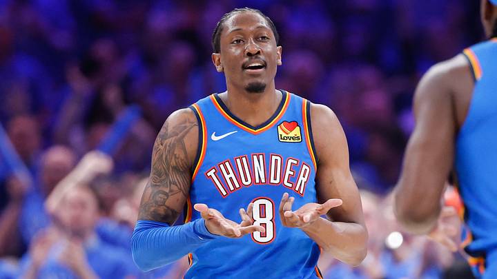 May 18, 2026; Oklahoma City, Oklahoma, USA; Oklahoma City Thunder forward Jalen Williams (8) reacts to a shot by forward Luguentz Dort (5) in the third quarter against San Antonio Spurs during game one of the western conference finals for the 2026 NBA playoffs at Paycom Center. Mandatory Credit: Alonzo Adams-Imagn Images May 18, 2026; Oklahoma City, Oklahoma, USA; Oklahoma City Thunder forward Jalen Williams (8) reacts to a shot by forward Luguentz Dort (5) in the third quarter against San Antonio Spurs during game one of the western conference finals for the 2026 NBA playoffs at Paycom Center. Mandatory Credit: Alonzo Adams-Imagn Images