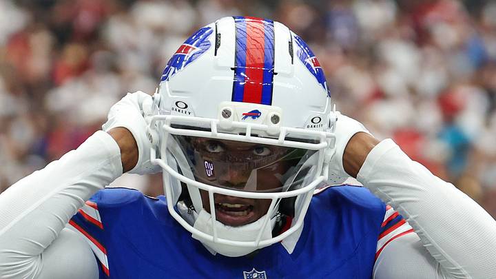 Sep 13, 2026; Houston, Texas, USA; Buffalo Bills wide receiver Joshua Palmer (5) reacts to his touchdown reception against the Houston Texans in the second half at Reliant Stadium. Mandatory Credit: Thomas Shea-Imagn Images
