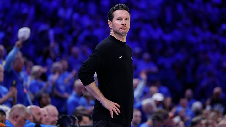 May 5, 2026; Oklahoma City, Oklahoma, USA; Los Angeles Lakers head coach JJ Redick watches his team play against the Oklahoma City Thunder in the second half during game one of the second round of the 2026 NBA Playoffs at Paycom Center. Mandatory Credit: Alonzo Adams-Imagn Images