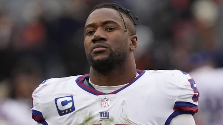 Nov 9, 2025; Chicago, Illinois, USA; New York Giants linebacker Bobby Okereke (58) leaves the field after losing to the Chicago Bears at Soldier Field. Mandatory Credit: David Banks-Imagn Images