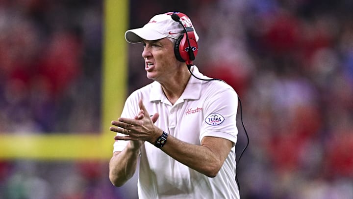 Houston Cougars head coach Willie Fritz reacts during the first half against the Louisiana State Tigers at NRG Stadium. 